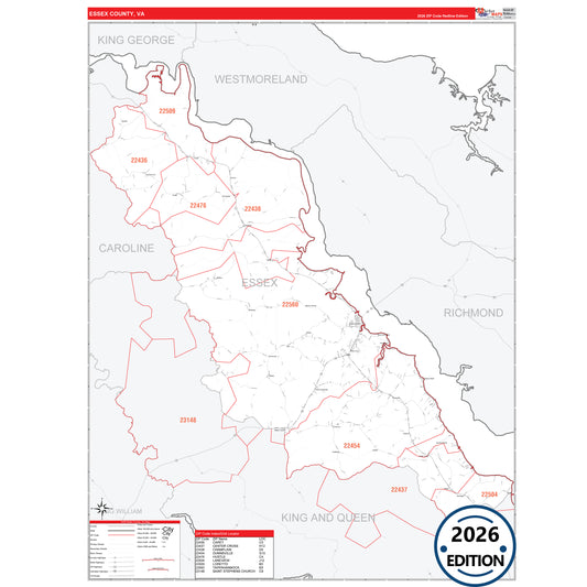 Essex County, VA Red Line 5 Digit ZIP Code Wall Map