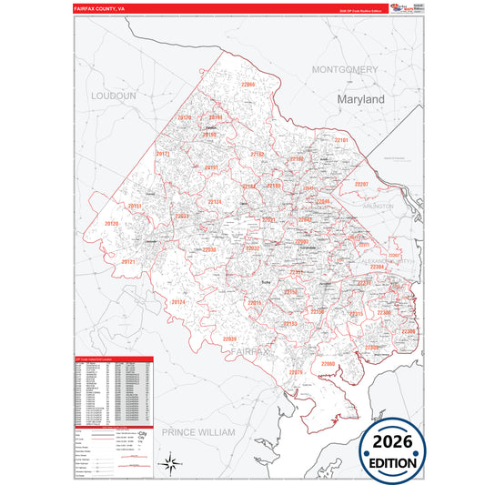 Fairfax County, VA Red Line 5 Digit ZIP Code Wall Map