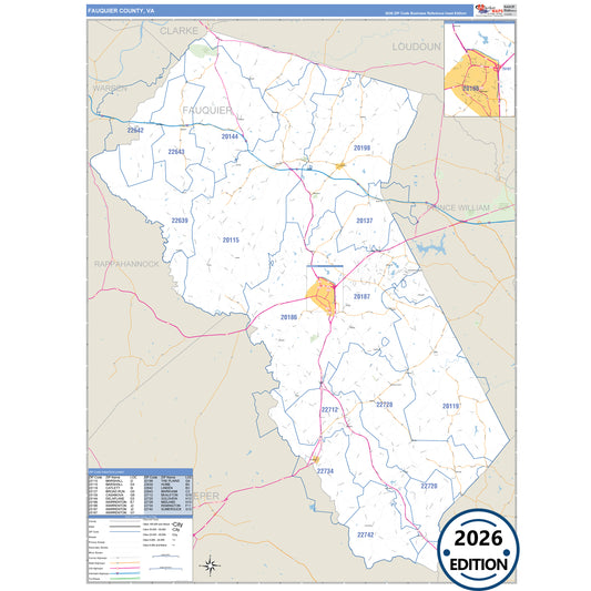 Fauquier County, VA Business Reference 5 Digit ZIP Code Wall Map