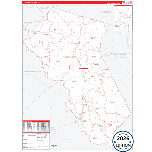 Fauquier County, VA Red Line 5 Digit ZIP Code Wall Map