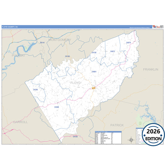Floyd County, VA Business Reference 5 Digit ZIP Code Wall Map