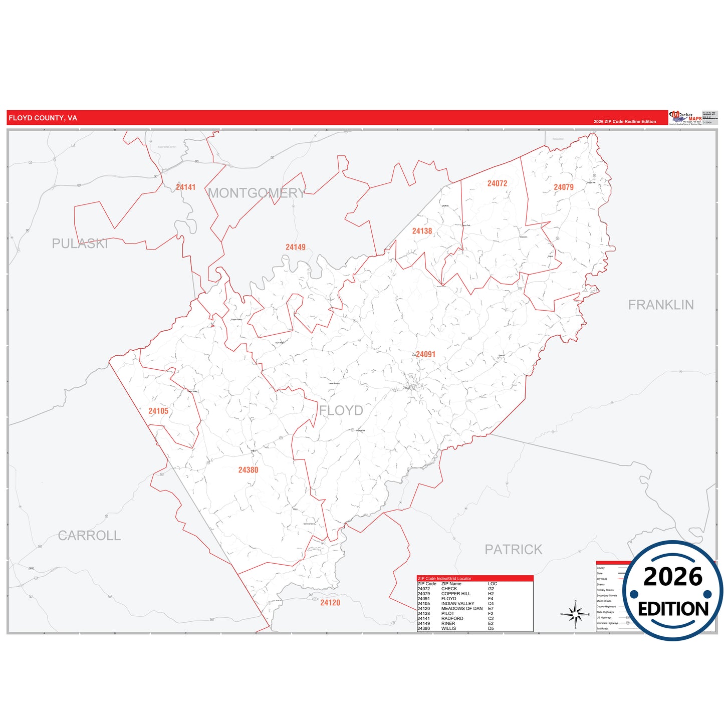 Floyd County, VA Red Line 5 Digit ZIP Code Wall Map