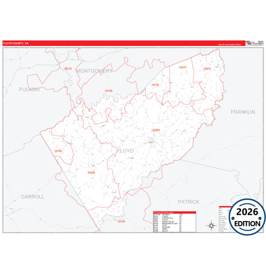 Floyd County, VA Red Line 5 Digit ZIP Code Wall Map