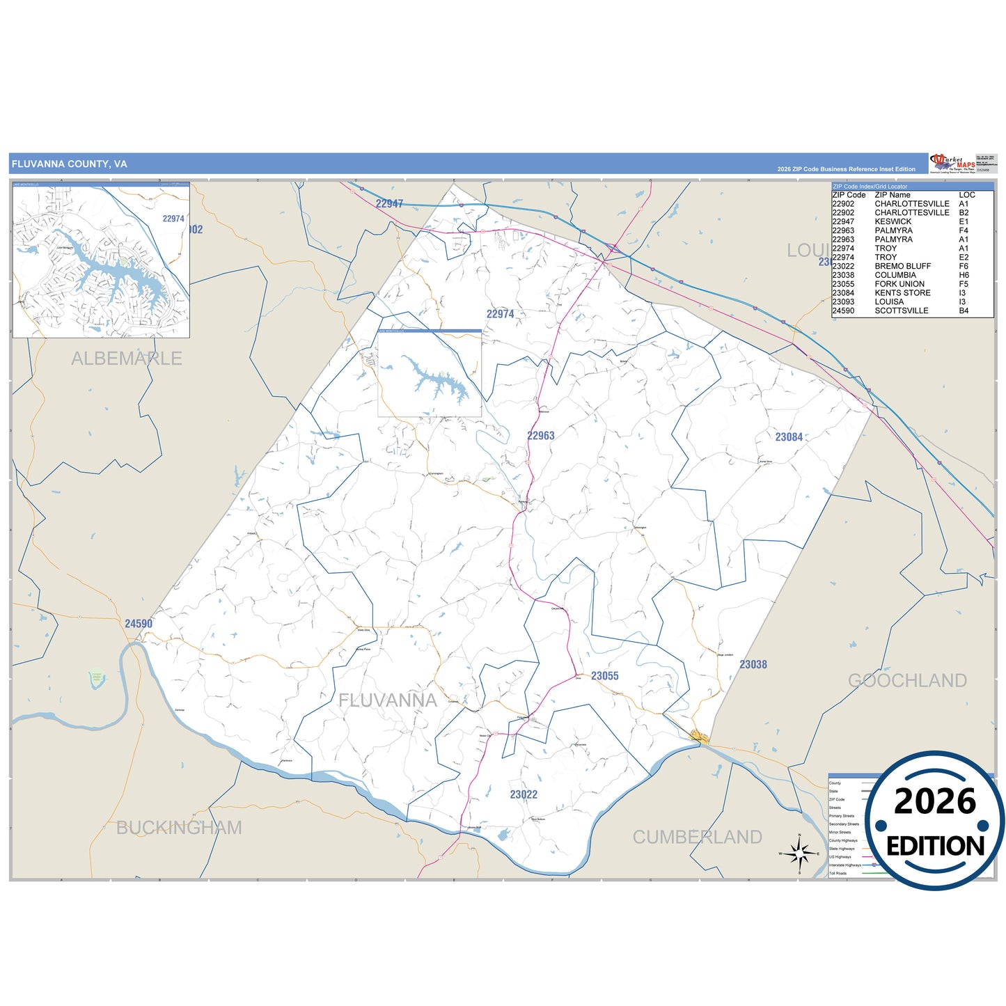 Fluvanna County, VA Business Reference 5 Digit ZIP Code Wall Map