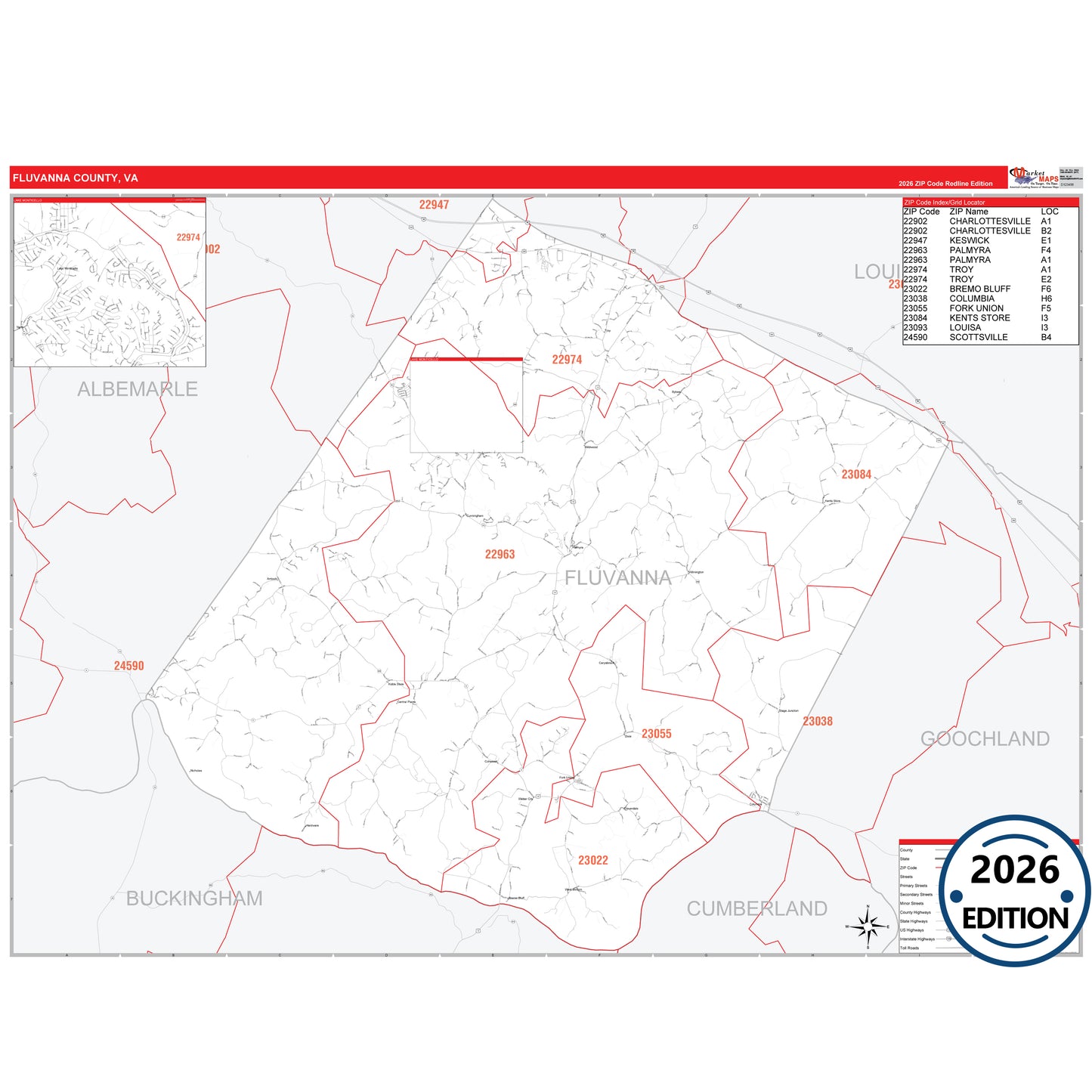 Fluvanna County, VA Red Line 5 Digit ZIP Code Wall Map