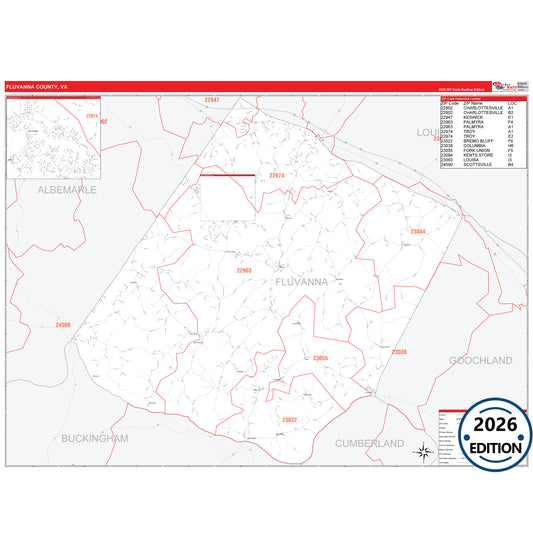 Fluvanna County, VA Red Line 5 Digit ZIP Code Wall Map