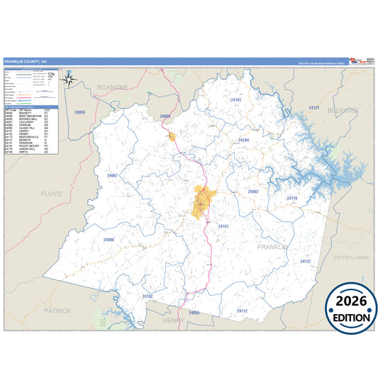 Franklin County, VA Business Reference 5 Digit ZIP Code Wall Map