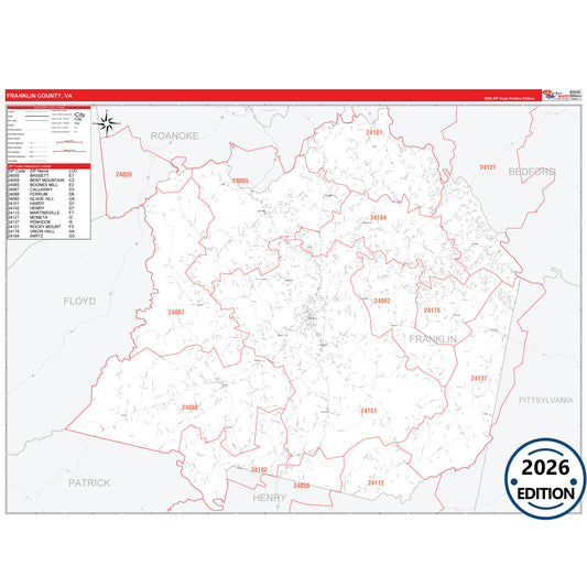 Franklin County, VA Red Line 5 Digit ZIP Code Wall Map