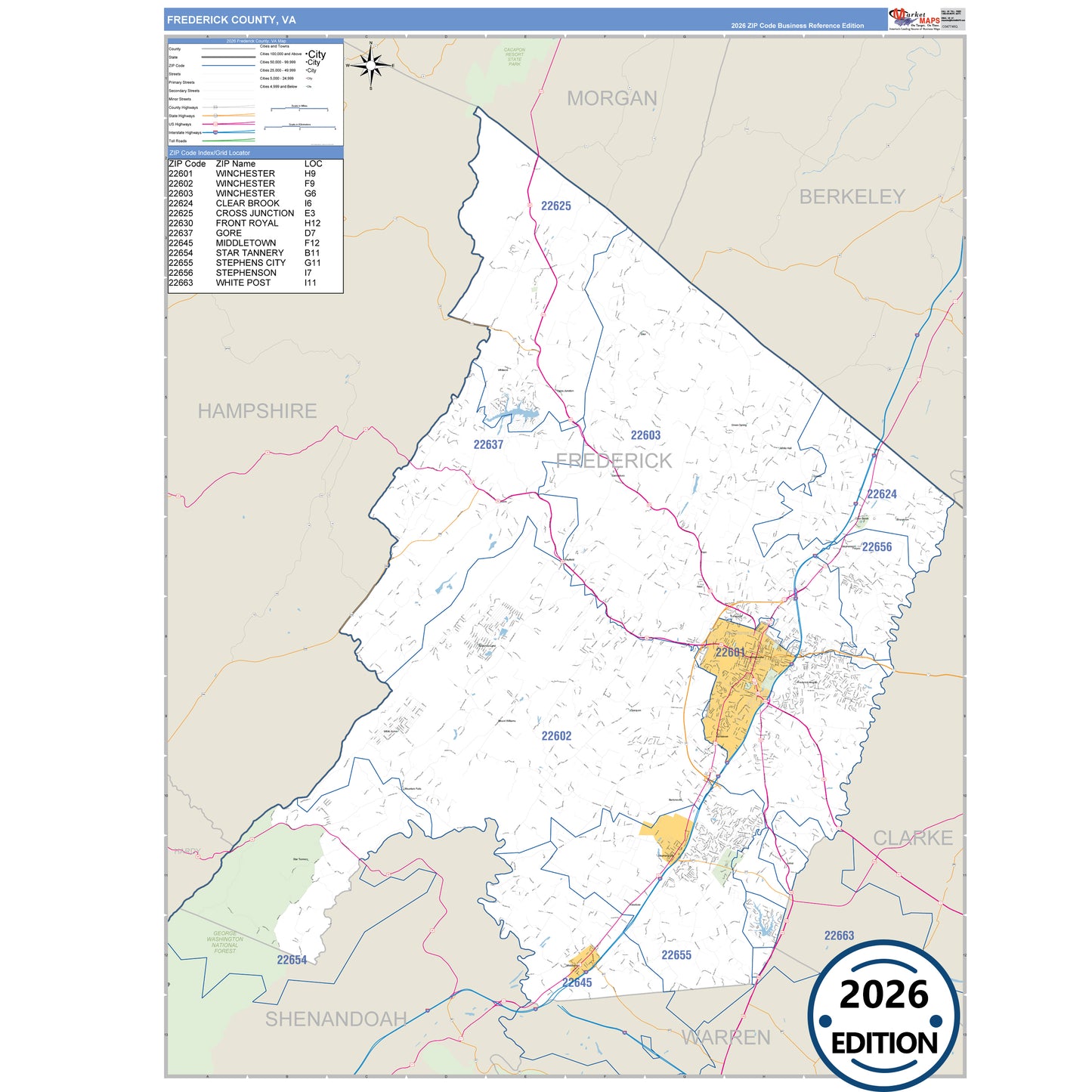 Frederick County, VA Business Reference 5 Digit ZIP Code Wall Map