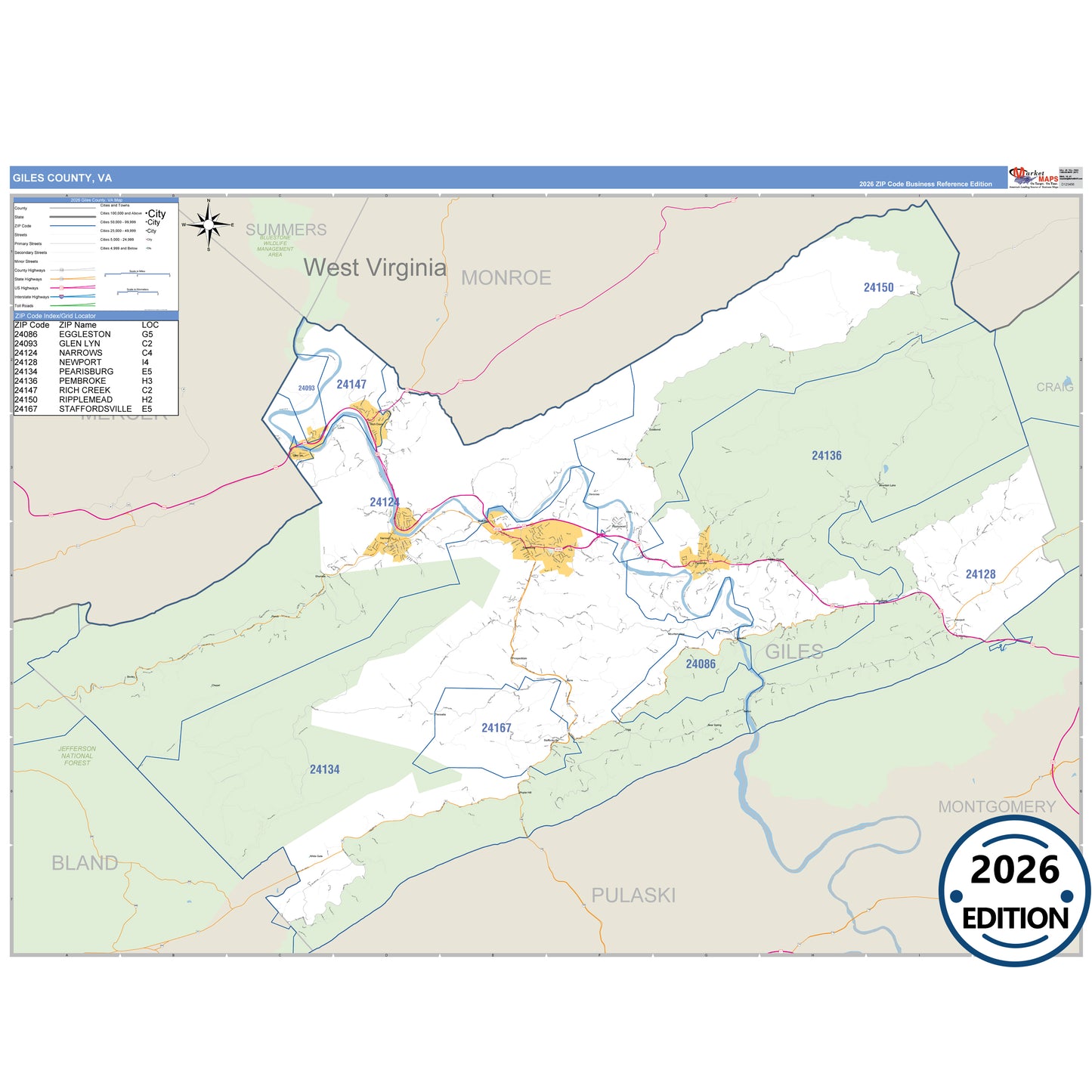 Giles County, VA Business Reference 5 Digit ZIP Code Wall Map