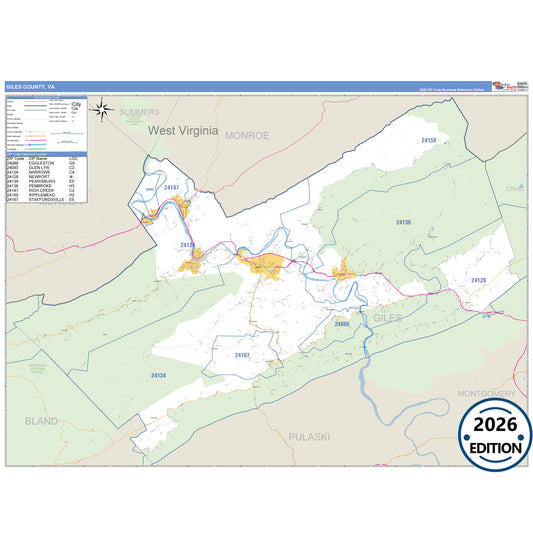 Giles County, VA Business Reference 5 Digit ZIP Code Wall Map
