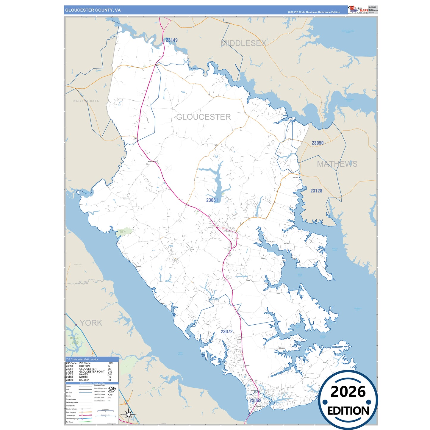 Gloucester County, VA Business Reference 5 Digit ZIP Code Wall Map