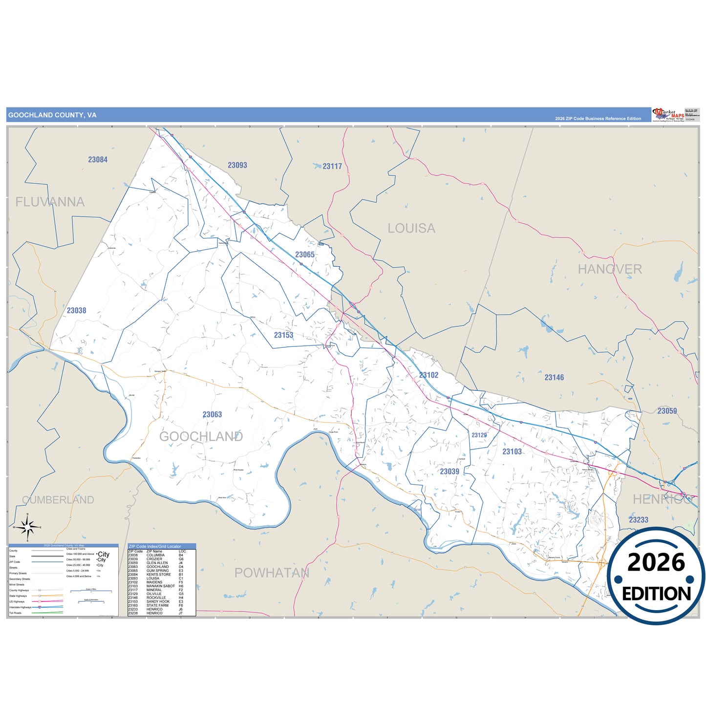 Goochland County, VA Business Reference 5 Digit ZIP Code Wall Map