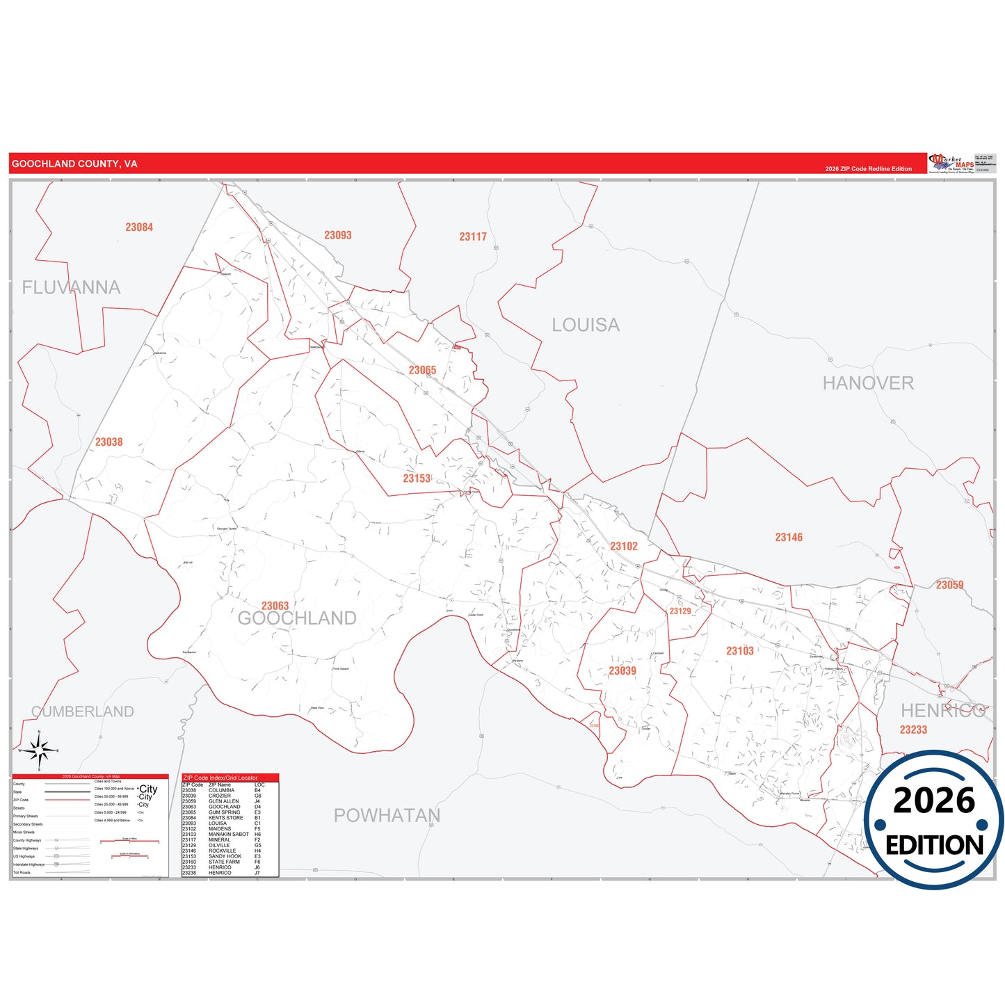 Goochland County, VA Red Line 5 Digit ZIP Code Wall Map