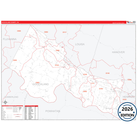 Goochland County, VA Red Line 5 Digit ZIP Code Wall Map