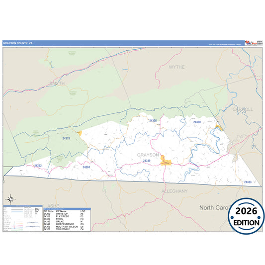 Grayson County, VA Business Reference 5 Digit ZIP Code Wall Map