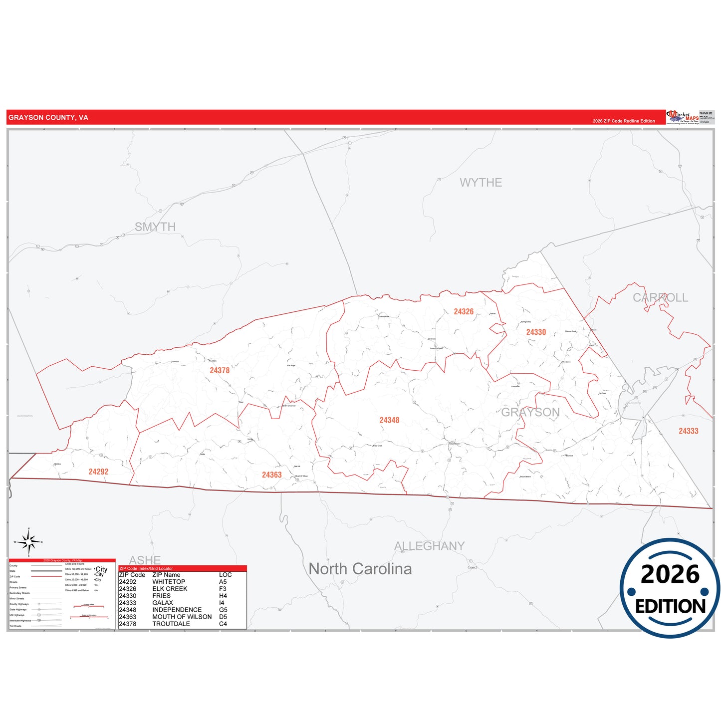 Grayson County, VA Red Line 5 Digit ZIP Code Wall Map