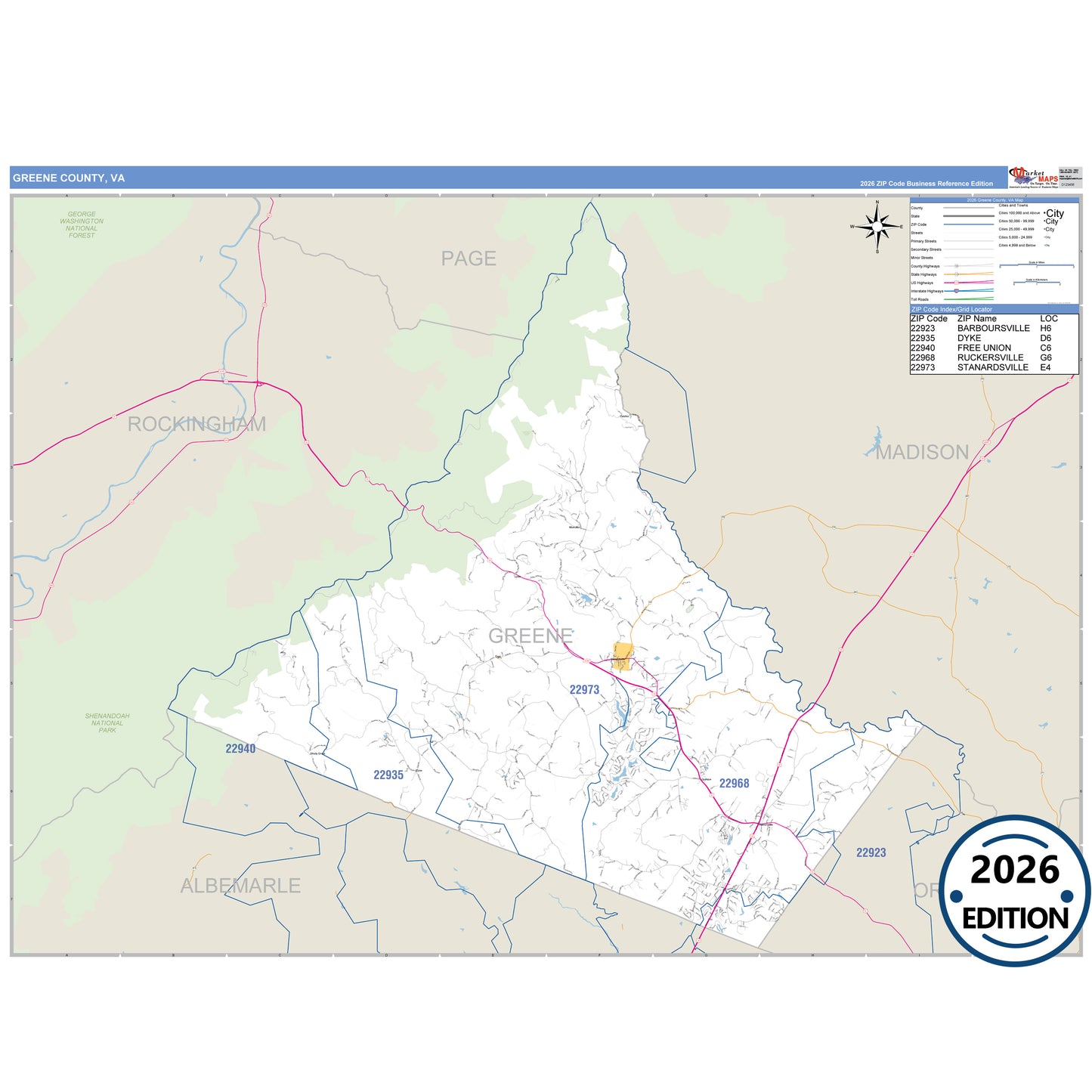 Greene County, VA Business Reference 5 Digit ZIP Code Wall Map
