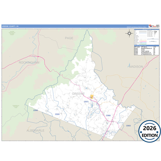 Greene County, VA Business Reference 5 Digit ZIP Code Wall Map