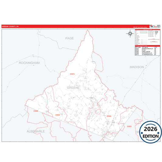 Greene County, VA Red Line 5 Digit ZIP Code Wall Map