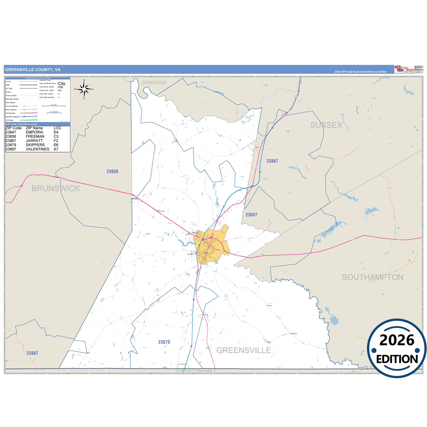 Greensville County, VA Business Reference 5 Digit ZIP Code Wall Map