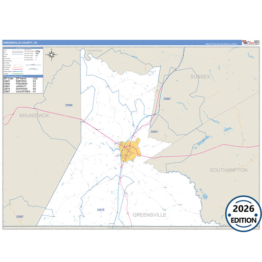 Greensville County, VA Business Reference 5 Digit ZIP Code Wall Map