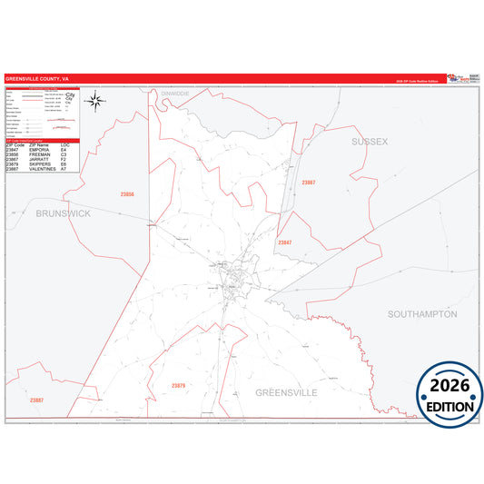 Greensville County, VA Red Line 5 Digit ZIP Code Wall Map