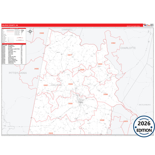 Halifax County, VA Red Line 5 Digit ZIP Code Wall Map
