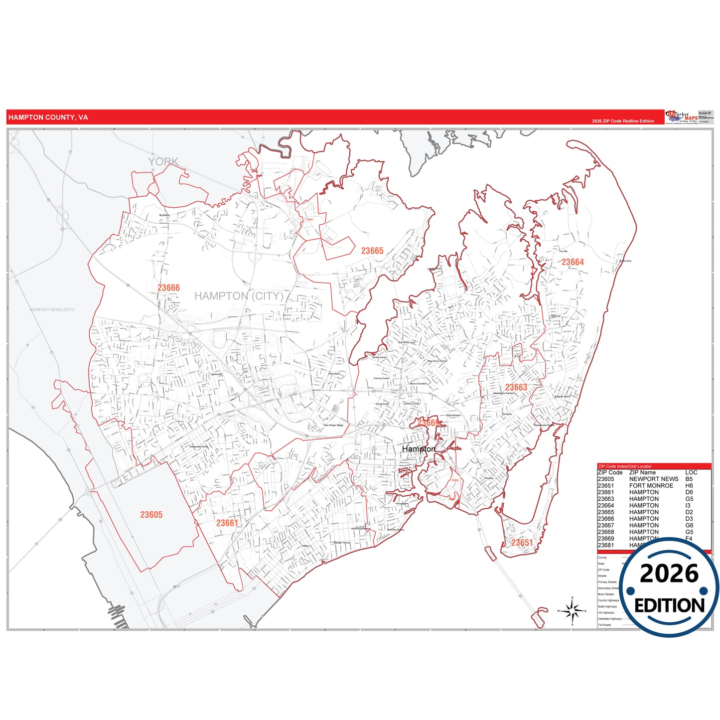 Hampton County, VA Red Line 5 Digit ZIP Code Wall Map