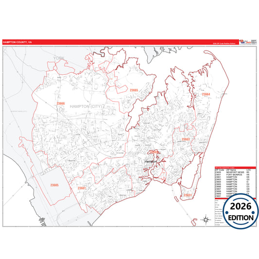 Hampton County, VA Red Line 5 Digit ZIP Code Wall Map