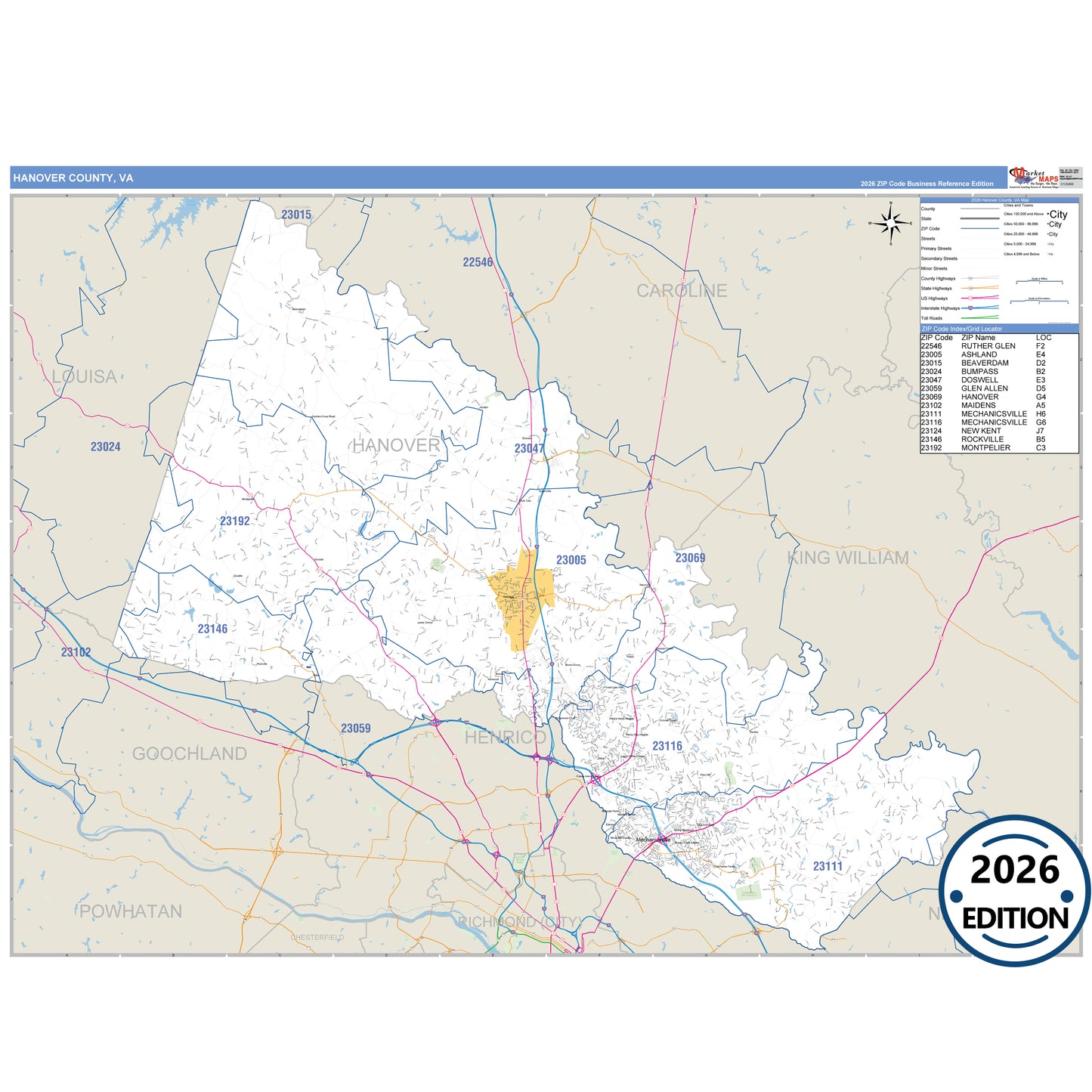 Hanover County, VA Business Reference 5 Digit ZIP Code Wall Map
