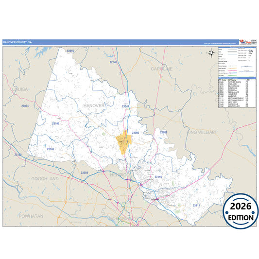 Hanover County, VA Business Reference 5 Digit ZIP Code Wall Map