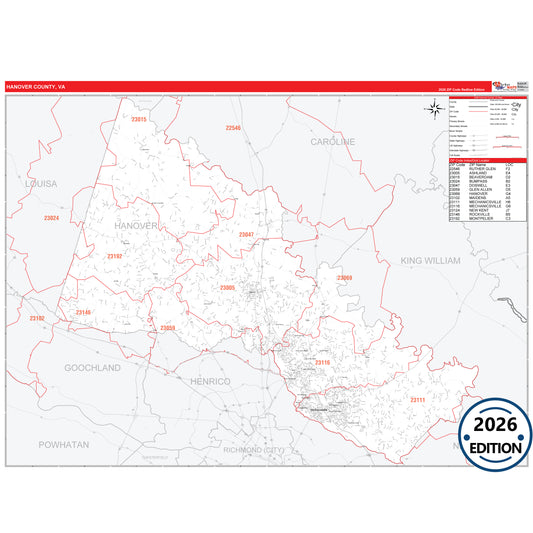 Hanover County, VA Red Line 5 Digit ZIP Code Wall Map