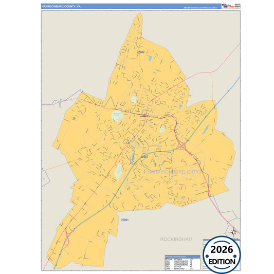 Harrisonburg County, VA Business Reference 5 Digit ZIP Code Wall Map