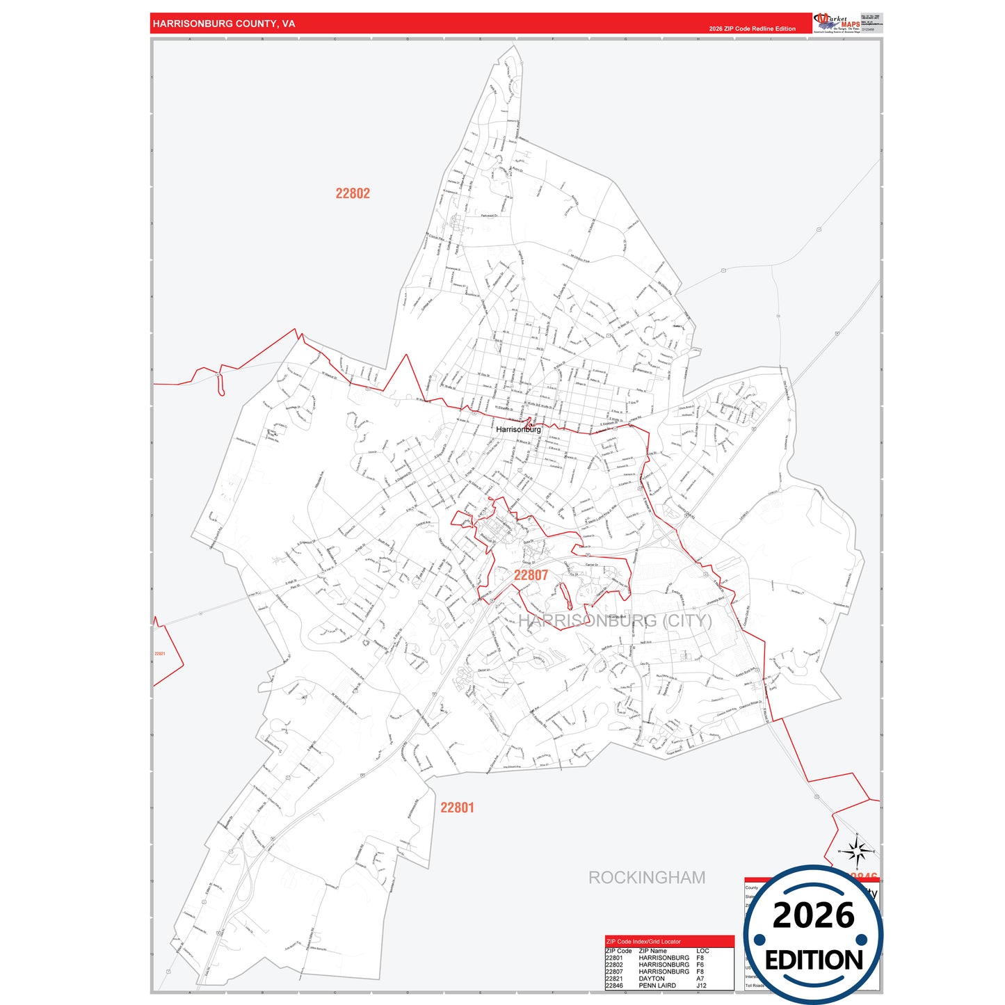 Harrisonburg County, VA Red Line 5 Digit ZIP Code Wall Map