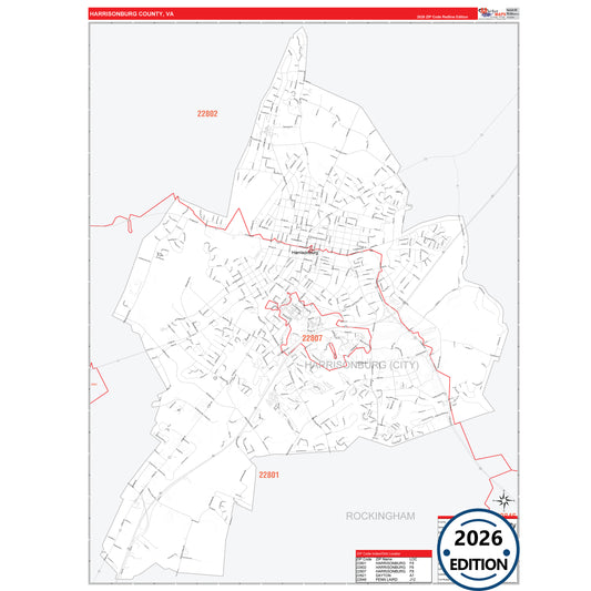 Harrisonburg County, VA Red Line 5 Digit ZIP Code Wall Map