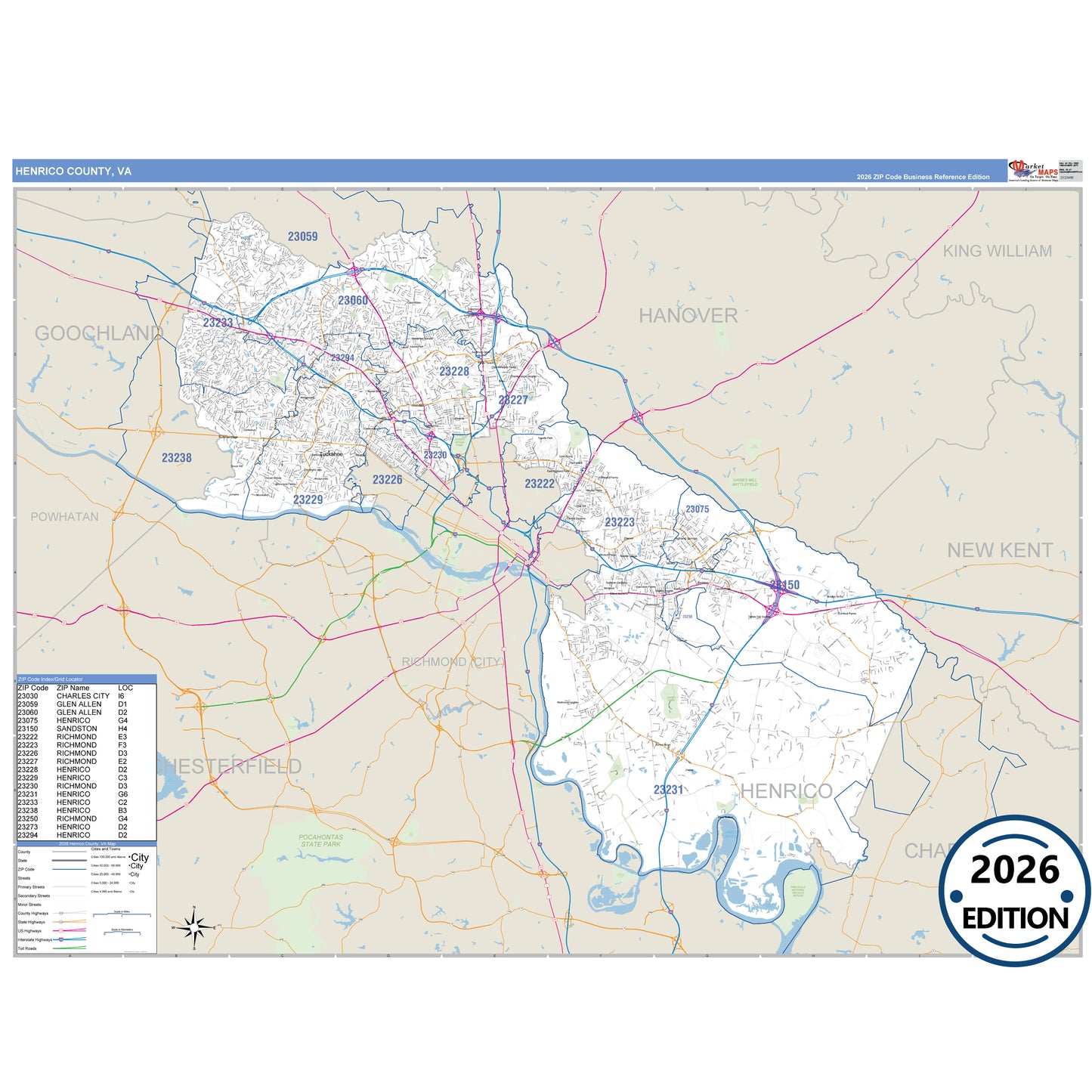 Henrico County, VA Business Reference 5 Digit ZIP Code Wall Map