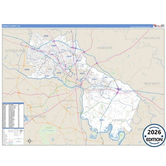 Henrico County, VA Business Reference 5 Digit ZIP Code Wall Map