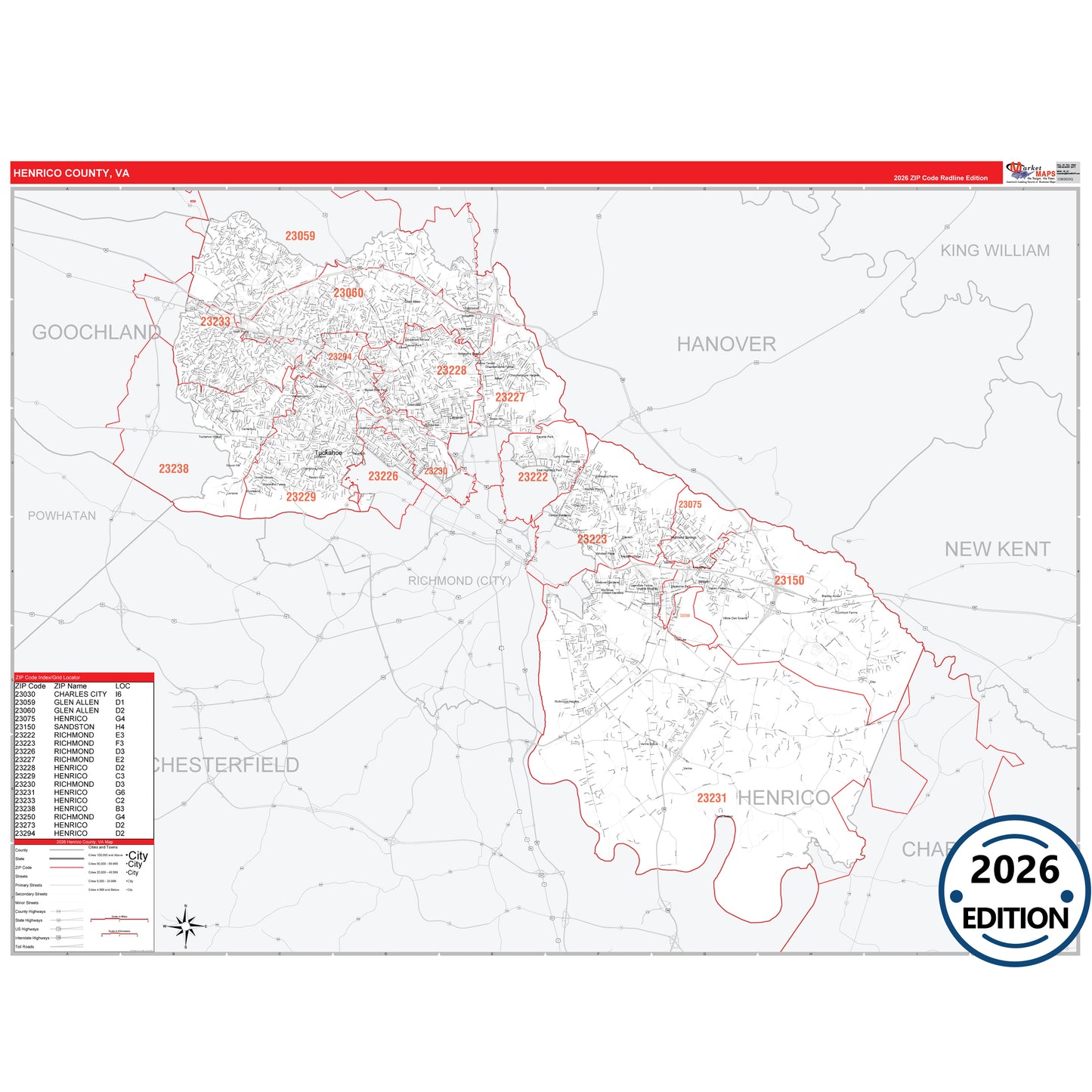 Henrico County, VA Red Line 5 Digit ZIP Code Wall Map
