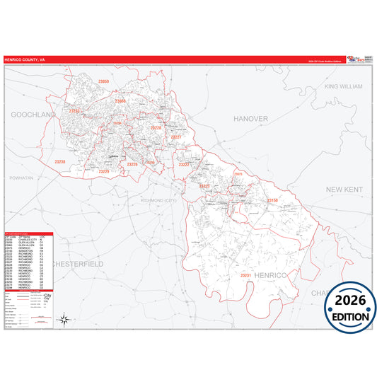 Henrico County, VA Red Line 5 Digit ZIP Code Wall Map