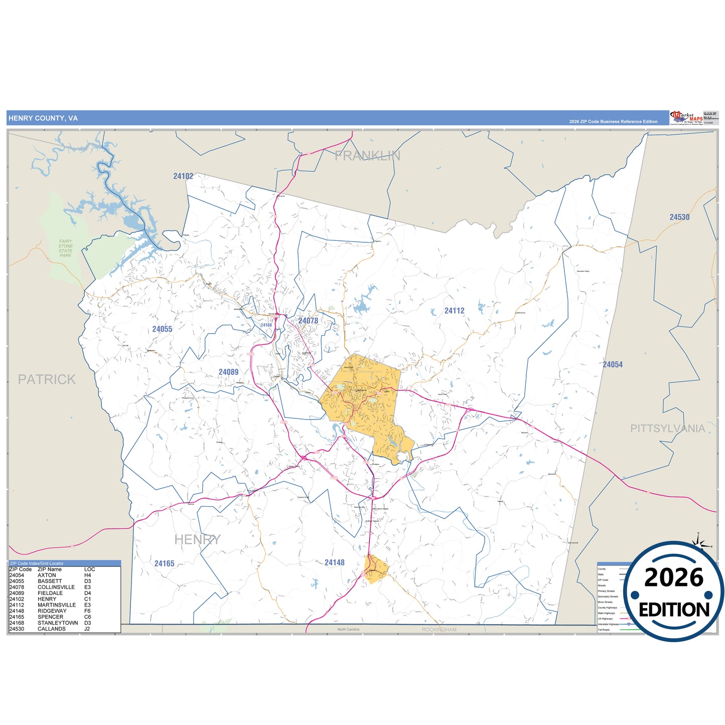 Henry County, VA Business Reference 5 Digit ZIP Code Wall Map
