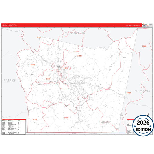 Henry County, VA Red Line 5 Digit ZIP Code Wall Map