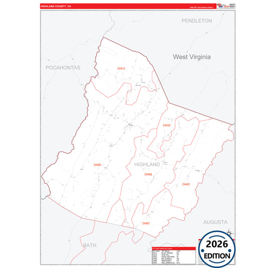 Highland County, VA Red Line 5 Digit ZIP Code Wall Map