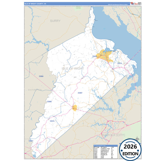 Isle of Wight County, VA Business Reference 5 Digit ZIP Code Wall Map