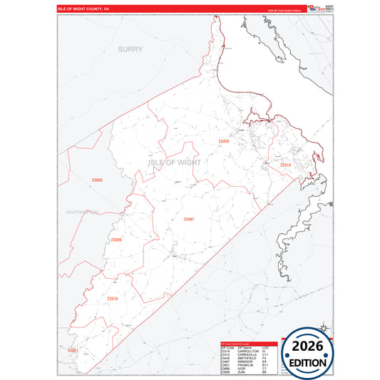 Isle of Wight County, VA Red Line 5 Digit ZIP Code Wall Map