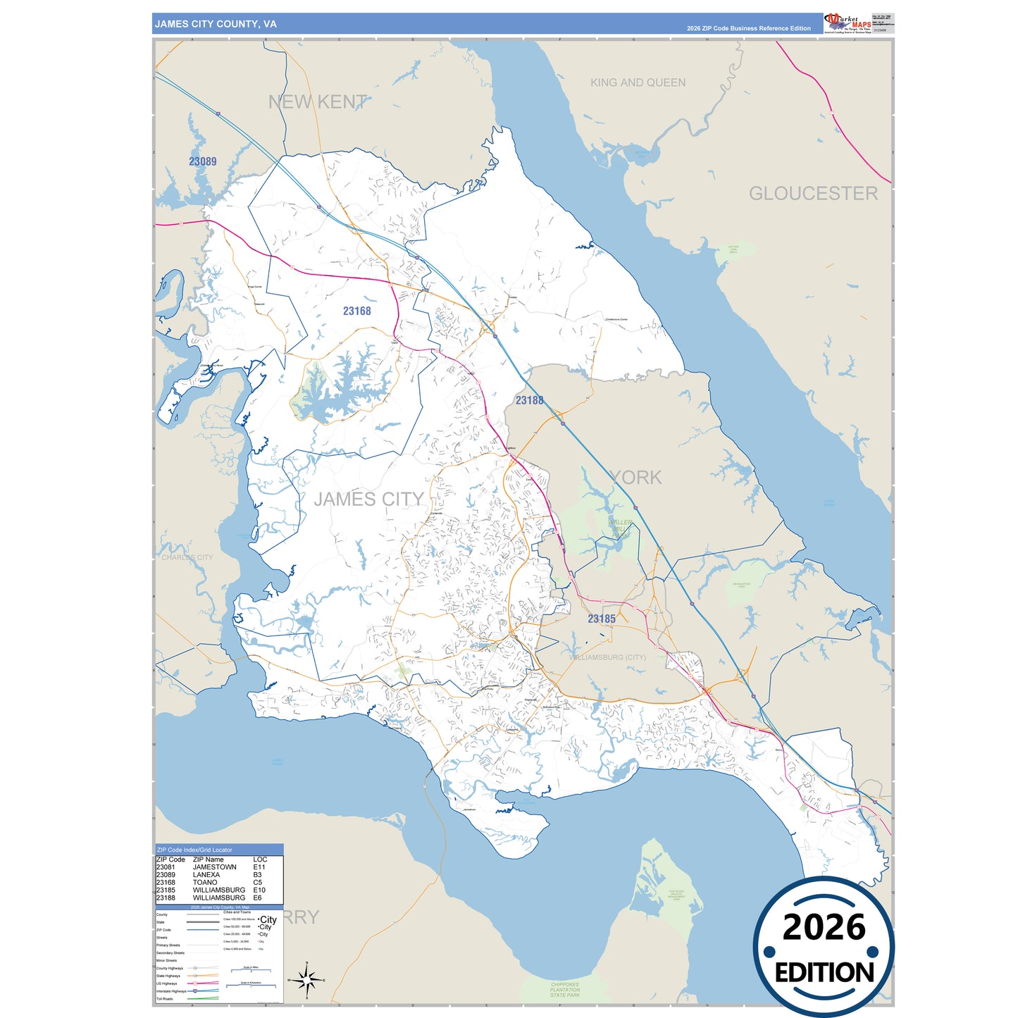 James City County, VA Business Reference 5 Digit ZIP Code Wall Map