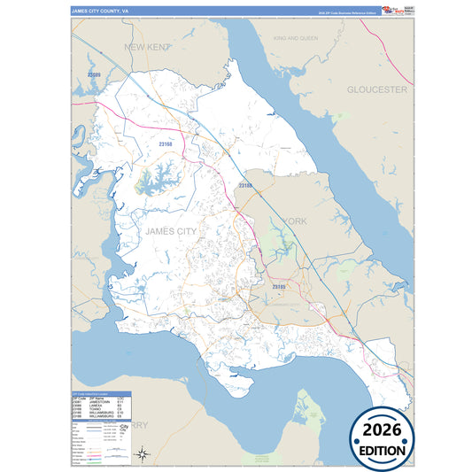 James City County, VA Business Reference 5 Digit ZIP Code Wall Map