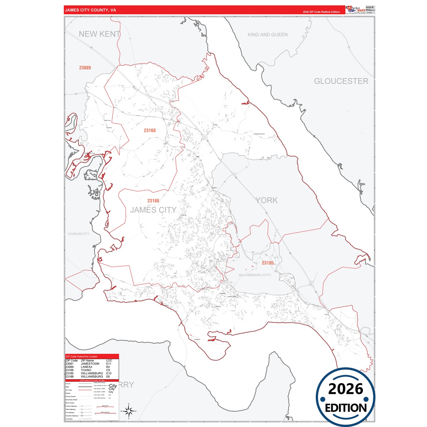 James City County, VA Red Line 5 Digit ZIP Code Wall Map