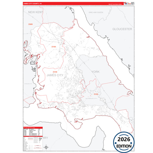 James City County, VA Red Line 5 Digit ZIP Code Wall Map