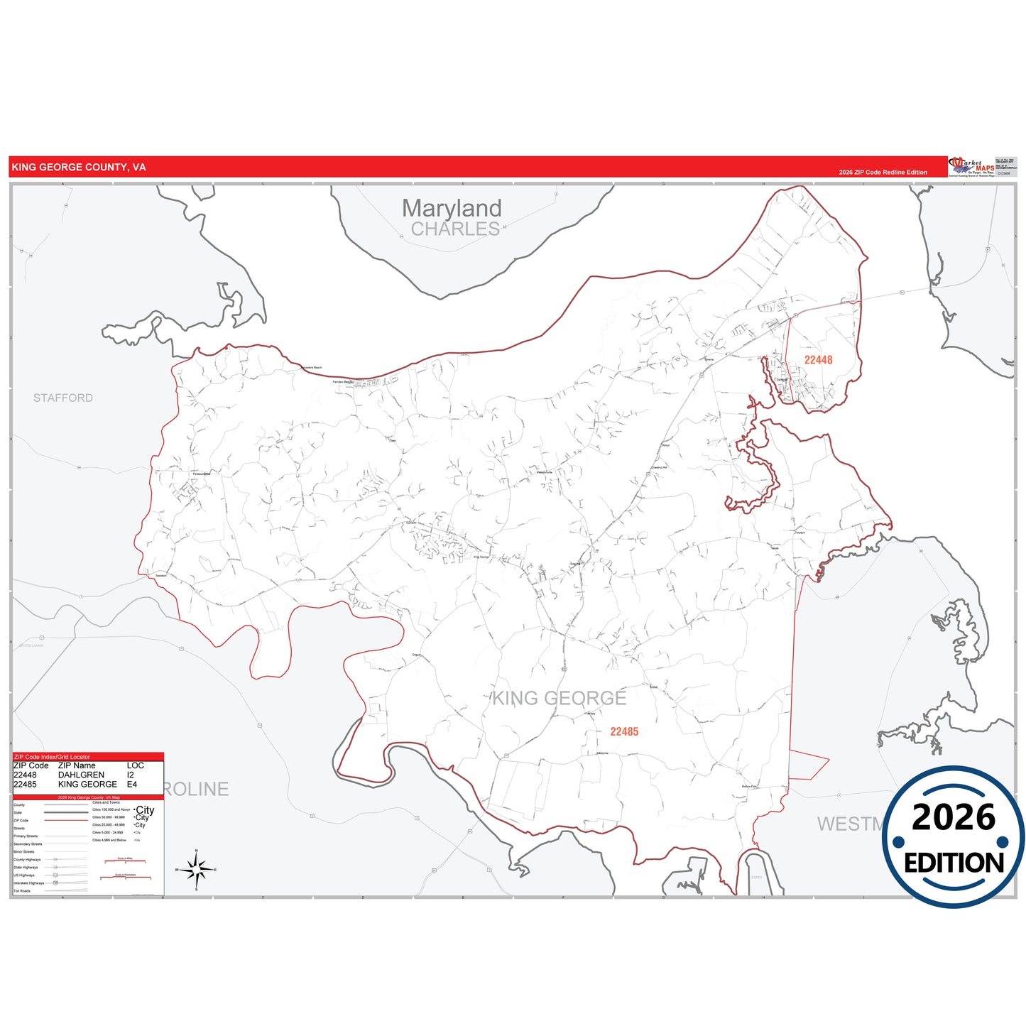 King George County, VA Red Line 5 Digit ZIP Code Wall Map
